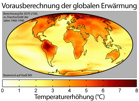Die Grafik zeigt eine Berechnung des Temperaturanstiegs weltweit bis zum Jahr 2100